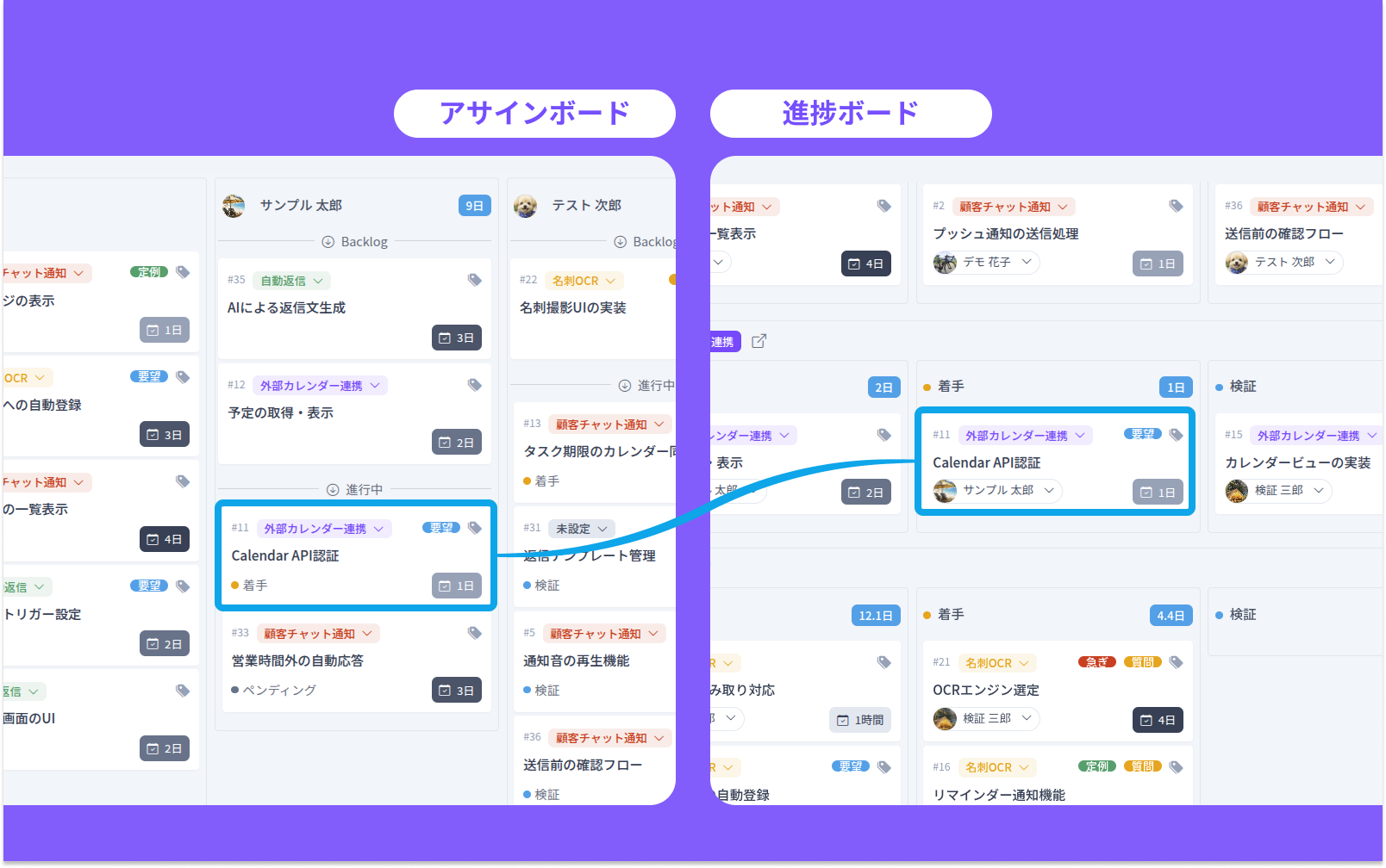 進捗ボードとアサインボードで同じタスクを2つの視点から確認できる様子